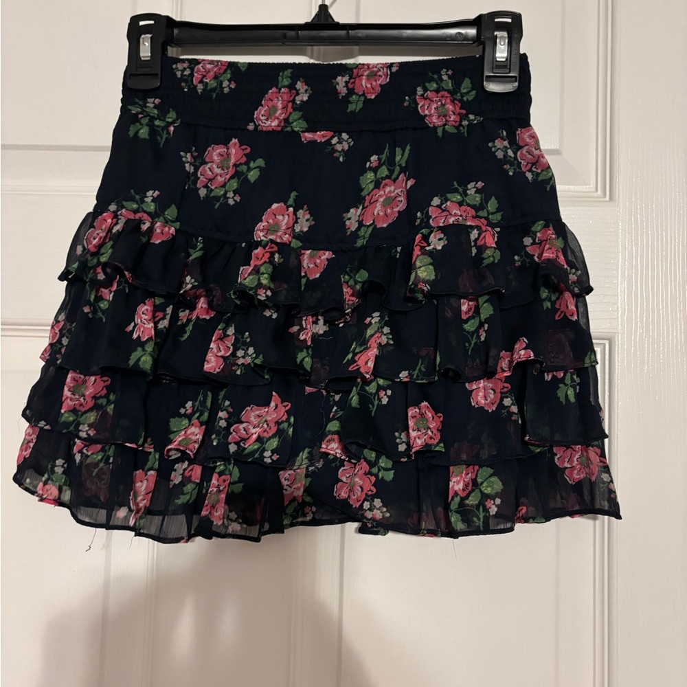 Hollister Navy and Pink Skater Mini Skirt with Ruffled Tiers